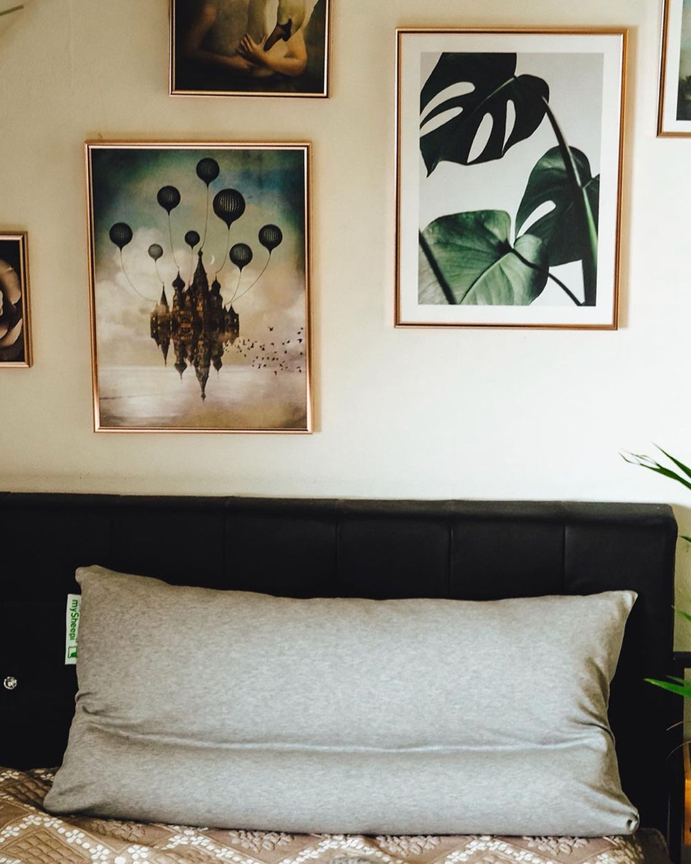 Nackenkissen auf Bett mit Gemälden